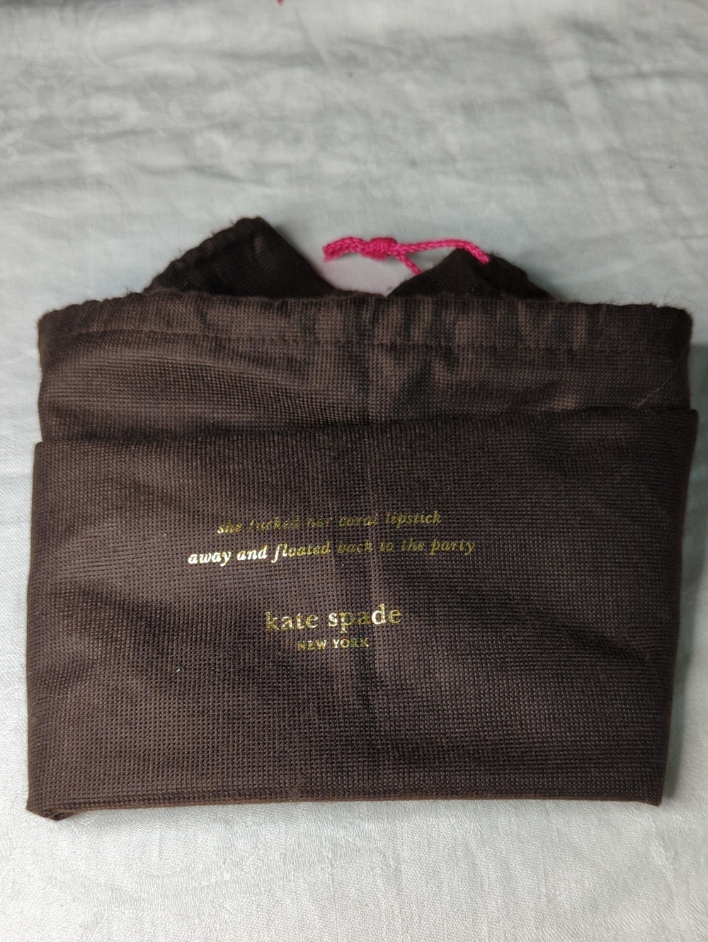Kate Spade Small Brown Drawstring Pouch with Pink Tie